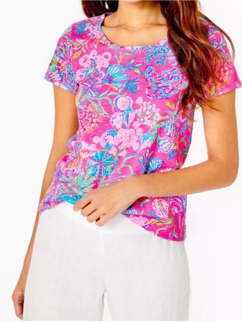 Lilly Pulitzer Etta scoop neck top in Pink isle Shell me something good Med NWT